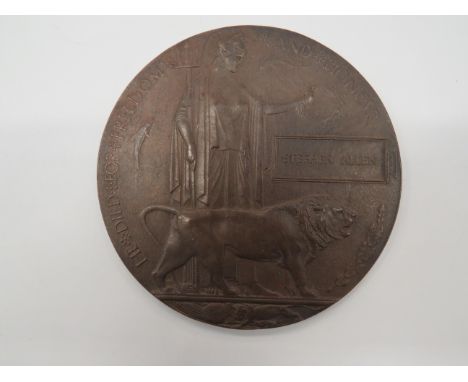 WW1 Casualty Memorial Death Plaque bronze "He Died For Freedom And Honour" plaque named to "Stephen Allen". &nbsp; 3 possibil