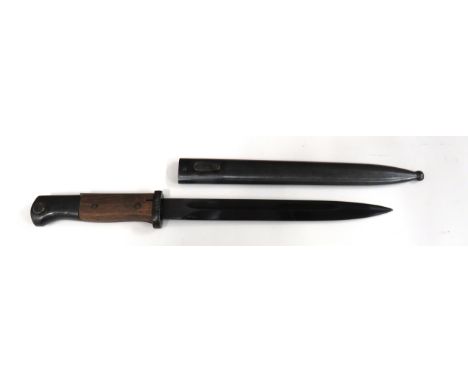 German Contract Made K98 Bayonet10 inch, single edged, blackened blade with fuller.   Steel crossguard stamped "P.R.8".   Bla