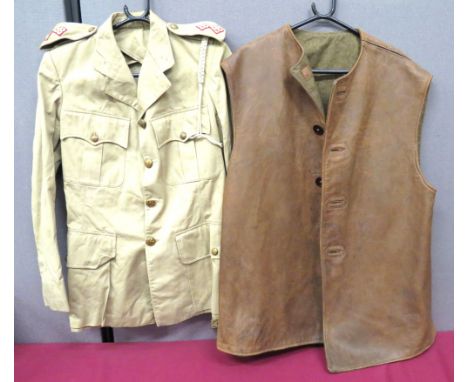 WW2 Pattern Officer's Khaki Drill Jacket And Leather Jerkinkhaki drill, single breasted, open collar tunic.   Pleated chest a
