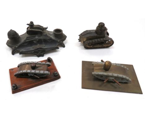 Four Trench Art/Inkwell Tanksconsisting brass and alloy tank on a wooden base ... Brass and alloy tank on a brass base ... Sp
