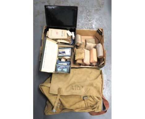 Selection Of Home Front Medical Itemsincluding canvas casualty blanket bag (empty) ... Boots ARP card First Aid Box ... Metal