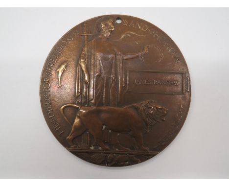 WW1 Casualty Memorial Death Plaque bronze "He Died For Freedom And Honour" plaque named to "James Ransom". &nbsp;Drilled to t