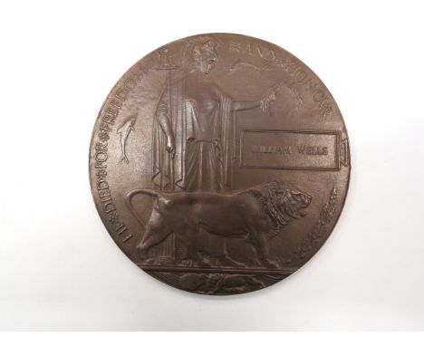 WW1 Casualty Memorial Death Plaque bronze "He Died For Freedom And Honour" plaque named to "William Wells" 25 possibilities. 