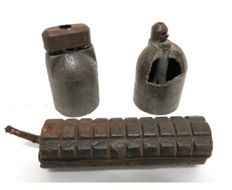 Two WW1 Inert French Viven Bessieres Grenadescast body with top mounted, brass fuse head.   One complete with removable fuse 