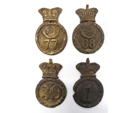 Four Other Ranks Albert Shako Helmet Platesconsisting brass Vic crown over laurel wreath circlet and central 30 ... Similar e