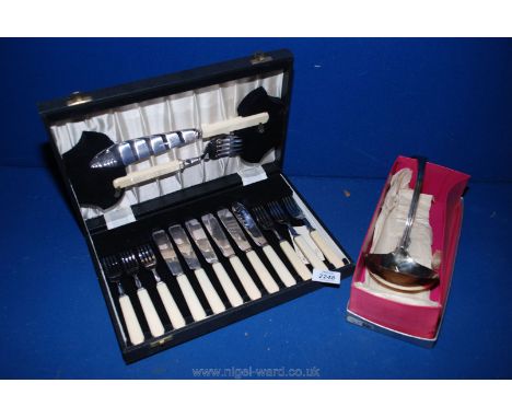 An epns six place setting fish Knifes and forks and epns 'Butler the Cutler' soup ladle.