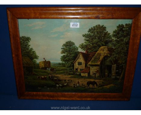 A print of a farm scene with horses, cattle and hayrick, circa 1900 in maple frame.