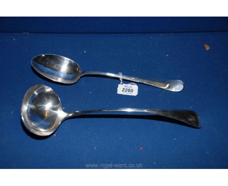 A heavy quality EP stuffing spoon 12" long, plus an Elkington's large curved  handle soup ladle, 13" long.