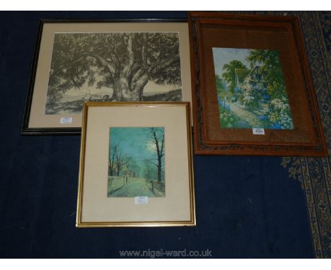 A wooden framed print of a cottage garden, a framed print of a street scene by V.A. Grimshaw and a framed and mounted drawing