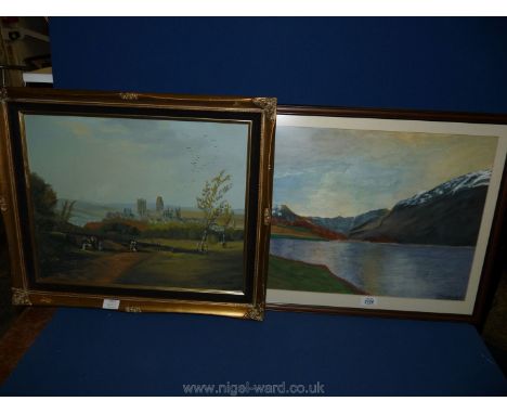 An Oil on board by L. Walker of a panoramic view of the cathedral city of Lincoln, along with a Watercolour of Crummock Water