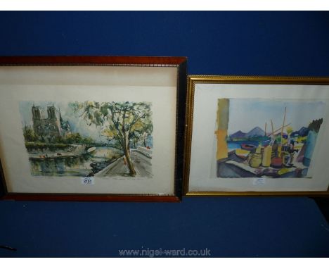 A framed Lithograph of Notre Dame by Marios Girard and a naive Watercolour of a harbour scene