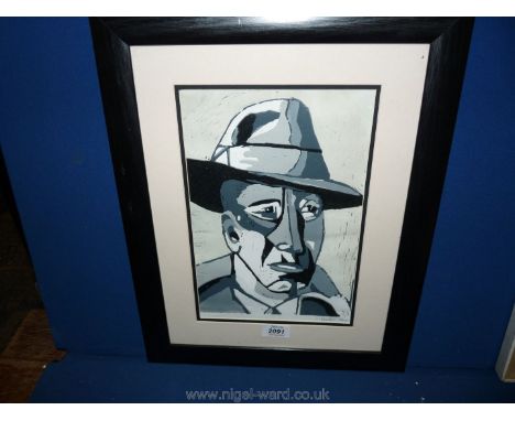 A Print of Portrait of gent in Hat, framed and signed in pencil, lower right.