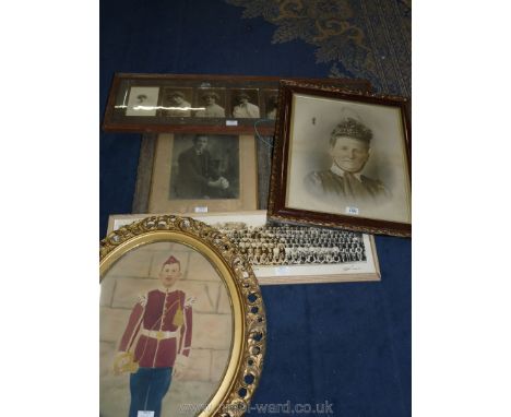 A quantity of old framed photographs to include High School for Girls Ludlow, July 1947 and oval framed watercolour of a youn