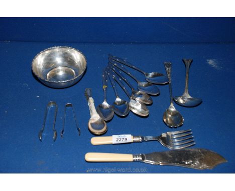 A box of epns items including spoons, fish knife, fork, etc.