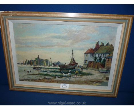 An Oil on board of Boating scene with figures and swans, unsigned, 16" x 10 1/2".