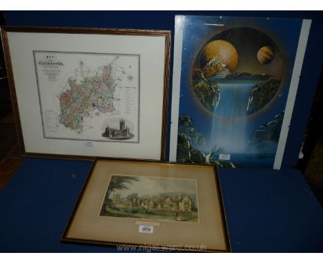 A framed and mounted print, Southam Manor, framed map of Gloucestershire and futuristic landscape, clip glass frame.