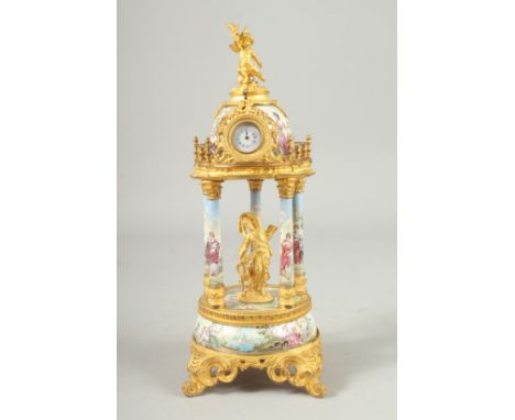 A SUPERB 19TH CENTURY VIENNA EASLE TEMPLE CLOCK with four column supports, classical figures on  small clock face. 11ins high
