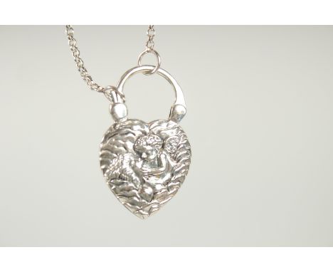 A SILVER AND MOTHER OF PEARL CHERUB LOCKET AND CHAIN.