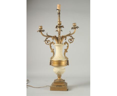 A 19TH CENTURY FRENCH WHITE MARBLE AND FOUR BRANCH ORMOLU LAMP on a square base. 29ins high.