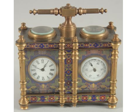 A DOUBLE CLOISONNE CLOCK AND BAROMETER with carrying handle.