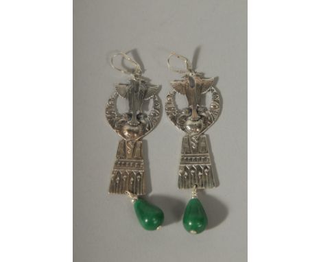 A PAIR OF SILVER  AND JADE ART DECO STYLE, DROP EARRINGS.