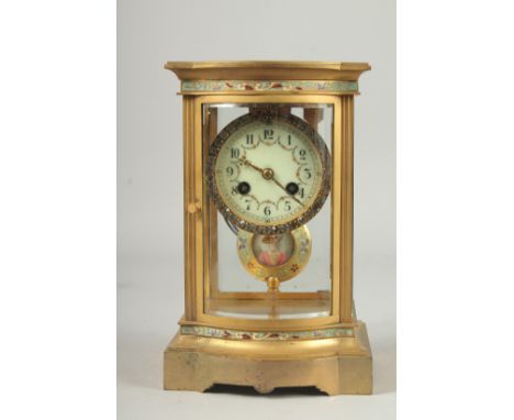 A GOOD 19TH CENTURY FRENCH BRASS AND CHAMPLEVE ENAMEL , FOUR GLASS CLOCK with a superb pendulum, painted with a young lady. 9