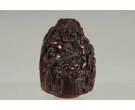 A VERY GOOD RENEISSANCE REVIVAL CARVED WOOD SNUFF BOX, possibly LABURNHAM, carved with a religious scene, with turned screw c