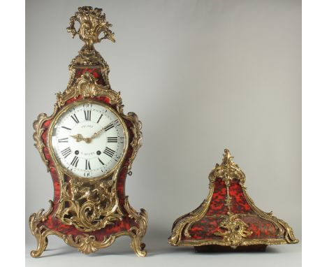 A GOOD 18TH CENTURY FRENCH TORTOISESHELL AND ORMOLU BRACKET CLOCK with eight day movement striking on a bell, the painted cir