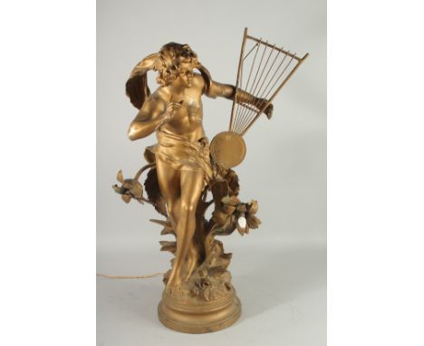 AFTER M. MOREAU. A WHITE METAL FIGURE OF A BOY as a lamp, with two branches, on a circular base. 31ins high