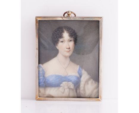 ALEXANDER GALLAWAY (BRITISH, FL. 1794-1812)Portrait miniature of Miss Bank, in a blue dress and white fur trimmed stolesigned