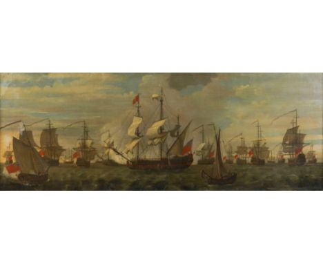 FOLLOWER OF PETER MONAMYA fleet of Royal Navy shipsoil on canvas43 x 111cmCondition reportThe canvas appears to have an old r