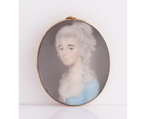 ROBERT BOWYER (BRITISH, 1758-1834)Portrait miniature of a lady in a blue dress with white fichuon ivory (ref ZJRP9J6Z)oval, 5