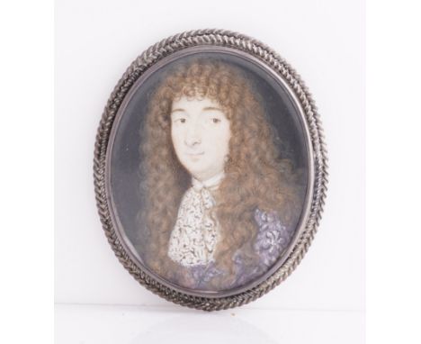 DAVID MYERS (BRITISH, FL. 1663-1676)Portrait miniature of a gentleman in an embroidered gown and lace jaboton vellumoval, 42m