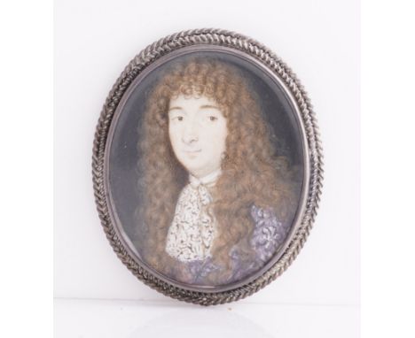 DAVID MYERS (BRITISH, FL. 1663-1676)Portrait miniature of a gentleman in an embroidered gown and lace jaboton vellumoval, 42m