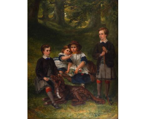 OTTO LEYDE (PRUSSIAN, 1835-1897)Portrait of four children, one holding a golf club, with a red settersigned and dated 'Otto L