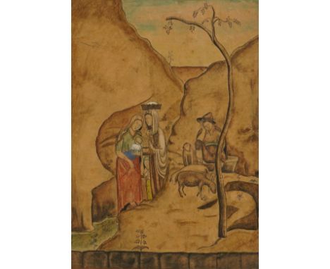 FOLLOWER OF TSUGUHARU FOUJITAA family group with a shepherd in the hillsinscribed in pencil 'TOPPLM' (to tree trunk)watercolo