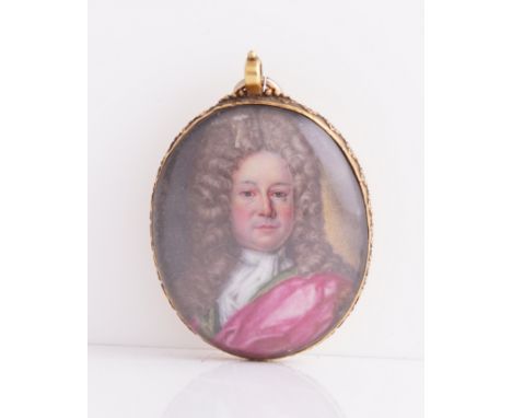 EUROPEAN, PROBABLY GERMAN SCHOOL, 18TH CENTURYPortrait miniature of a gentleman in a red cloak and long curling wigenameloval