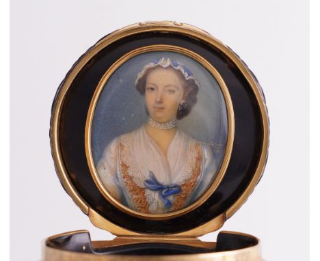 PETER PAUL LENS (BRITISH, CIRCA 1714-CIRCA 1754)Portrait miniature of a lady in a white dress with lace collar and white mob 