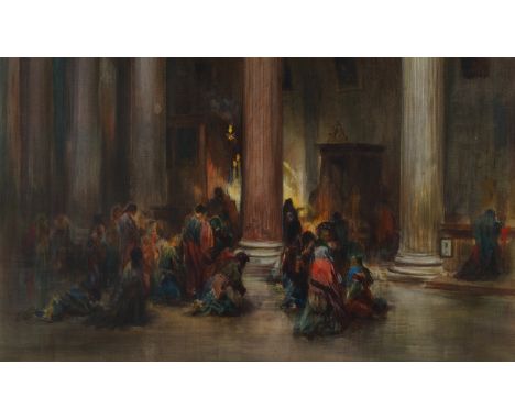 EUROPEAN SCHOOL, 19TH CENTURYMen and women at prayer in a church interiorwatercolour and gouache37 x 62.5cmCondition reportCa