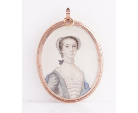 THOMAS WORLIDGE (BRITISH, 1700-1766)Portrait miniature of a lady in a blue and white dress, wearing a mob capon cardoval, 63 