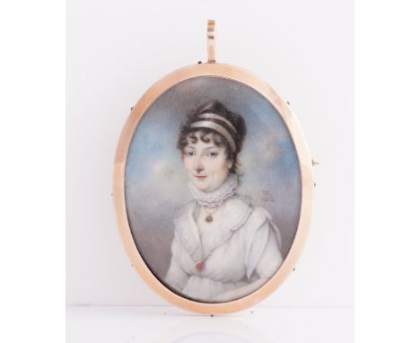 JOHN BOGLE (BRITISH, 1746-1803)Portrait miniature of a lady in a white dress, wearing a pendant around her necksigned with mo