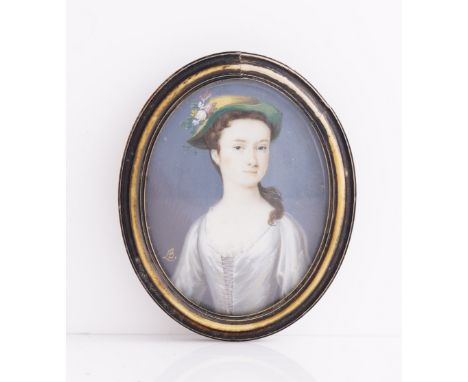 ANDREW BENJAMIN LENS (BRITISH FL. 1713-1779)Portrait miniature of a lady called Miss During, in a white dress and green hatsi