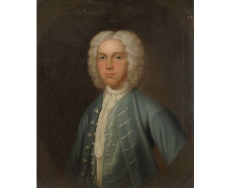 ENGLISH SCHOOL, 18TH CENTURYPortrait of a gentleman, half-length, in a blue coat, within a painted ovaloil on canvas76 x 63cm