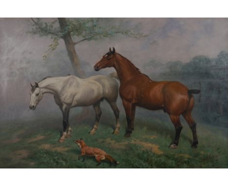 BASIL NIGHTINGALE (BRITISH, 1864-1940)A bay horse and chestnut horse with a fox in the mistsigned and dated 'Basil Nightingal