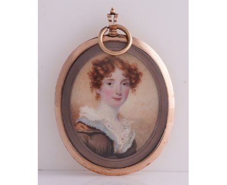 CHARLES ROBERTSON (IRISH, CIRCA 1760-1821)Portrait miniature of a young lady with red hair wearing a brown dress trimmed with