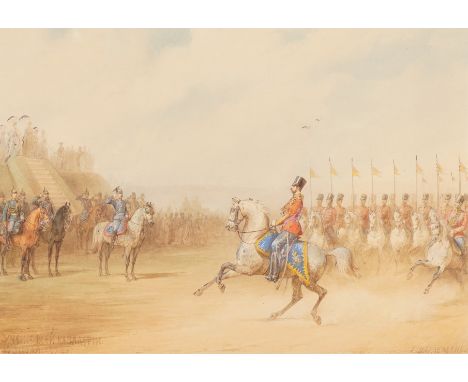 ADOLPHE CHARLEMAGNE (RUSSIAN, 1826-1901)Alexander II reviewing Russian cavalrysigned, dated and inscribed in cyrillic (lower 