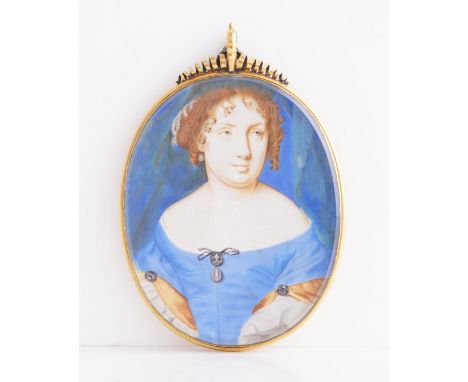 ATTRIBUTED TO JOHN HOSKINS (BRITISH, 1589-1664)Portrait miniature of a lady called Mrs Mary Davies, in a blue dress and weari