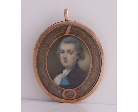 HORACE HONE (IRISH, 1756-1825)Portrait miniature of a gentleman wearing a dark coat with pale blue turned back lapels and a w