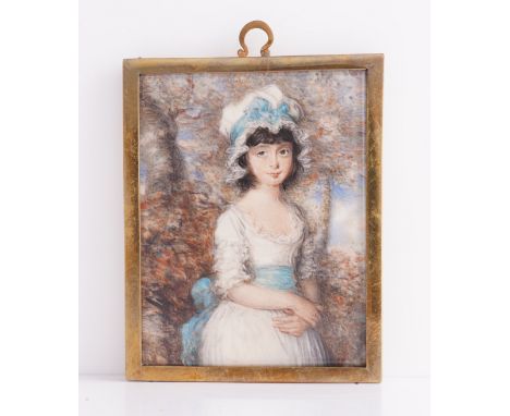 OZIAS HUMPHRY (BRITISH, 1742-1810)Portrait miniature of Miss Louise Smith, in a white dress with blue sash in a landscapesign