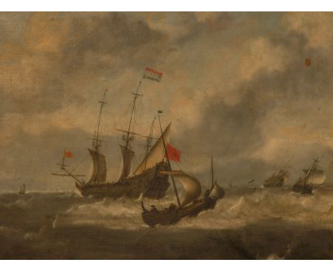 FOLLOWER OF HENDRICK VAN ANTHONISSENDutch shipping in rough seasbears signature (lower right, on piece of wreckage)oil on can